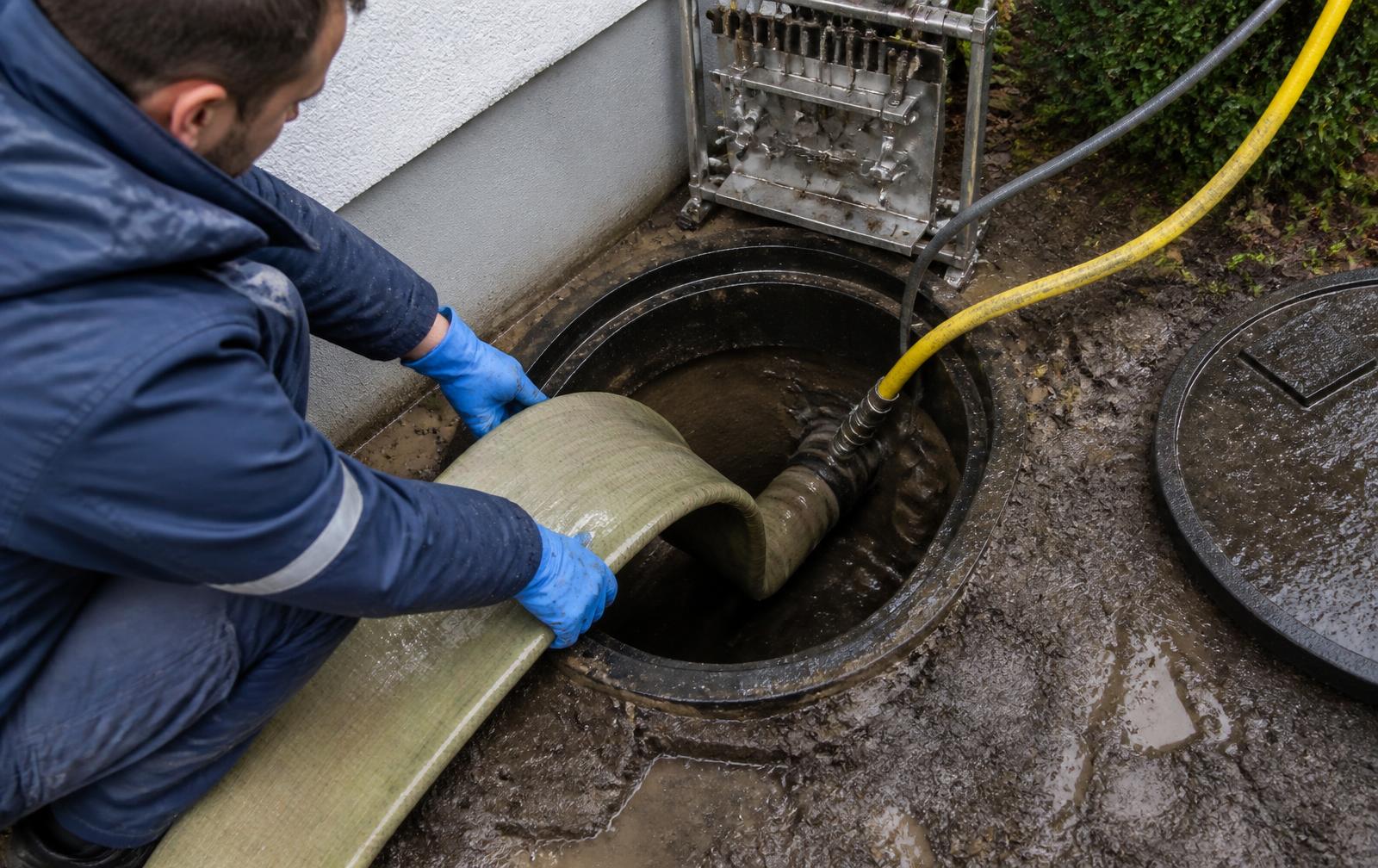 Inliner-Sanierung einer beschädigten Abwasserleitung: Schlauchliner wird über den Schacht eingebracht